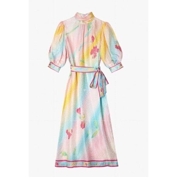 HUNTER BELL 10 M L Langley Dress Rainbow Pastel Multi Color Midi Puff Sleeve - Picture 1 of 10